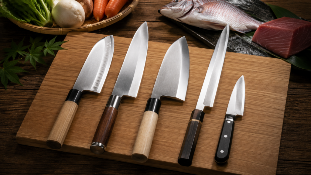 木のまな板に5本の包丁が刃を揃えて並び、奥に魚と野菜が置かれている