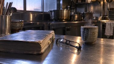 閉店後の厨房の作業台に置かれた、使い込まれた参考書と眼鏡、湯呑み