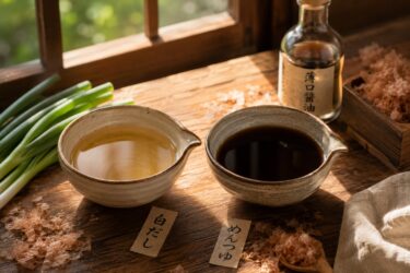 白だしとめんつゆを注ぎ分けた2つの小鉢。奥に醤油の瓶と長ねぎ、かつお節が置かれている