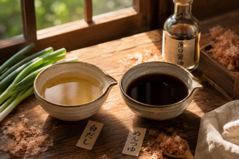 白だしとめんつゆを注ぎ分けた2つの小鉢。奥に醤油の瓶と長ねぎ、かつお節が置かれている
