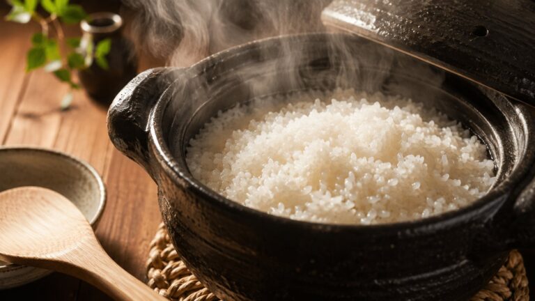 蓋を開けた土鍋から湯気が立ち、炊き上がったご飯が見えている。手前にしゃもじ
