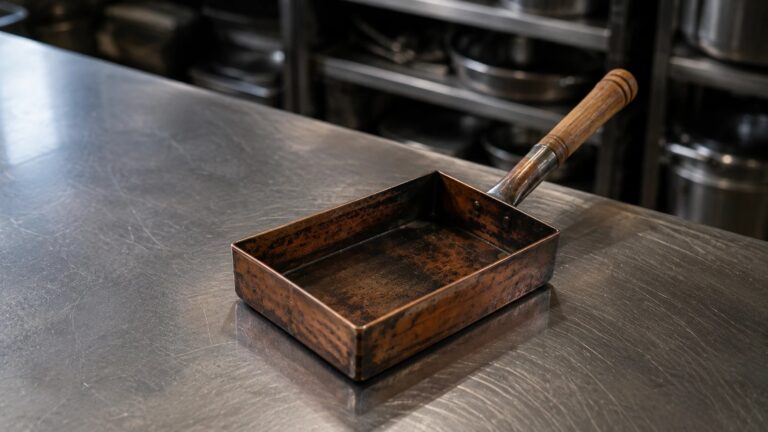 厨房のステンレス台に置かれた、使い込まれた銅の卵焼き器