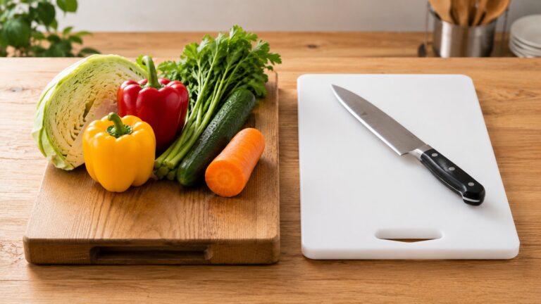 野菜をのせた木のまな板と、包丁を置いた白いプラスチックのまな板を並べて比べている