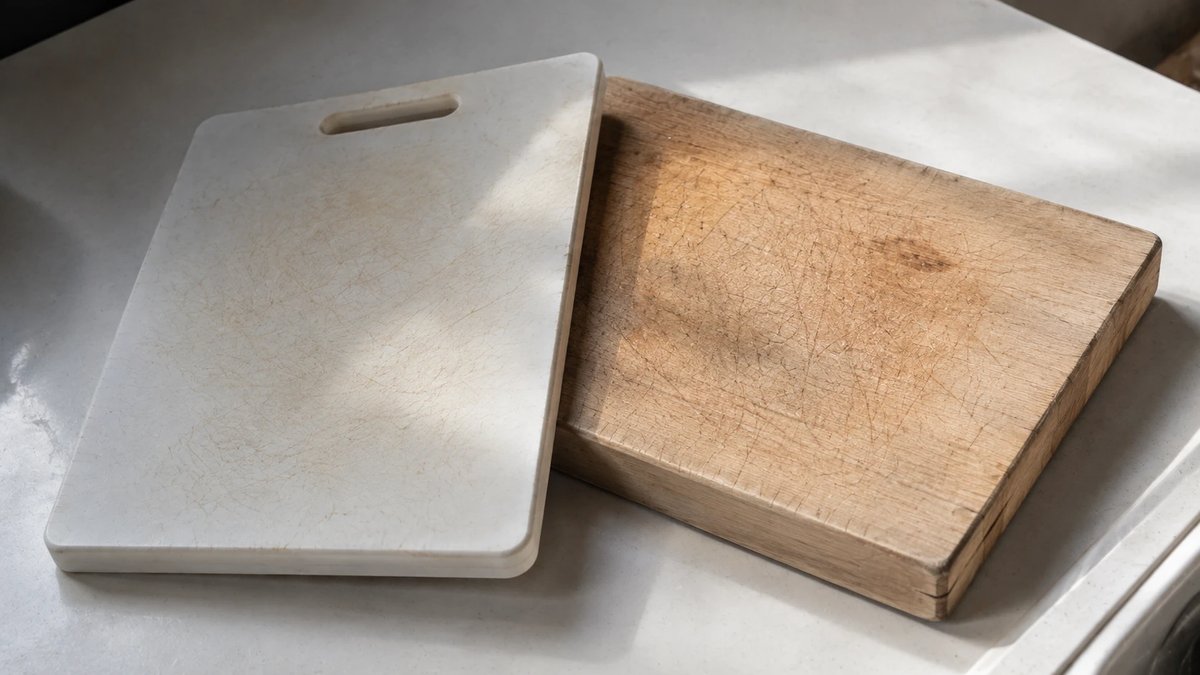使い込んで傷の入った木のまな板と、白いプラスチックのまな板を並べたところ