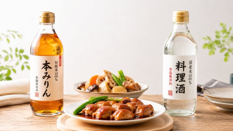 本みりんと料理酒の瓶が並び、その間に鶏と根菜の煮物が置かれている