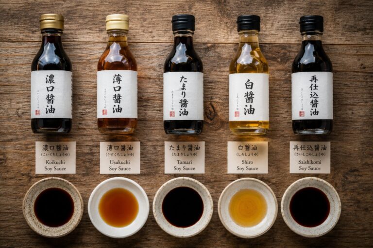 濃口・薄口・たまり・白・再仕込みの醤油5本が並び、手前の小皿にそれぞれの色を注いで比べている